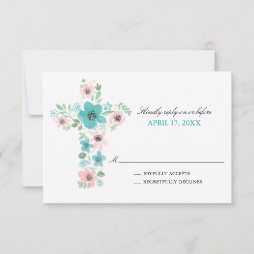 Watercolor Flower Cross First Holy Communion RSVP Card