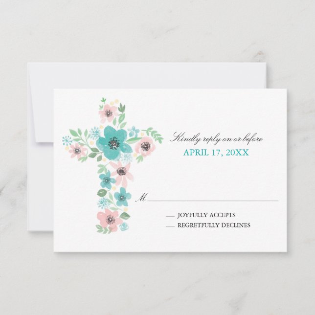 Watercolor Flower Cross First Holy Communion RSVP Card (Front)
