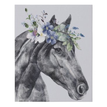 Watercolor Flower Crown Black Horse Portrait Faux Canvas Print