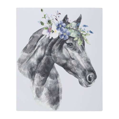 Watercolor Flower Crown Black Horse Portrait   Metal Print