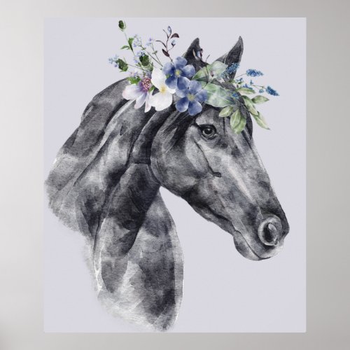 Watercolor Flower Crown Black Horse Portrait  Poster