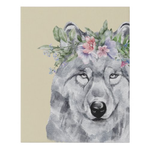 Watercolor Flower Crown Wolf Portrait Faux Canvas Print