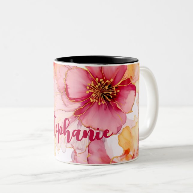 watercolor flower design with name Two-Tone coffee mug (Front Right)