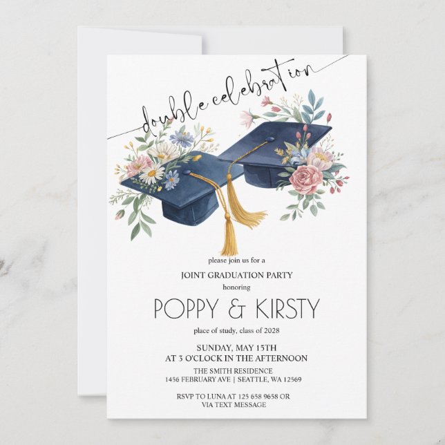 Watercolor Flower Double Graduation Party Invitation (Front)