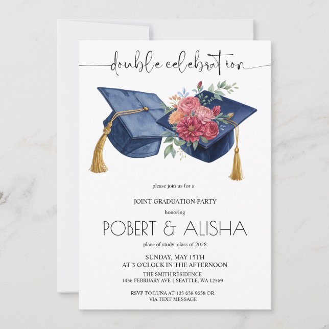 Watercolor Flower Double Graduation Party Invitation (Front)