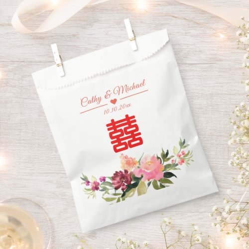 Watercolor flower double happiness chinese wedding favor bag