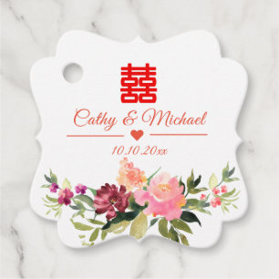 Watercolor flower double happiness chinese wedding favor tags