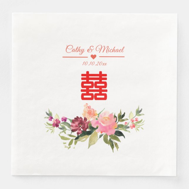 Watercolor flower double happiness chinese wedding paper dinner napkins (Front)