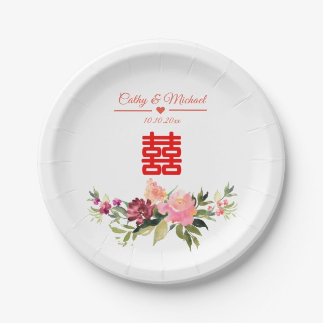 Watercolor flower double happiness chinese wedding paper plates (Front)