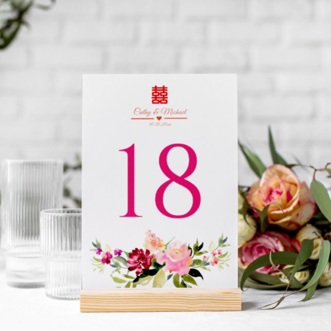 Watercolor flower double happiness chinese wedding table number (Creator Uploaded)