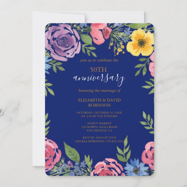 watercolor flower elegant 50th anniversary wedding invitation (Front)
