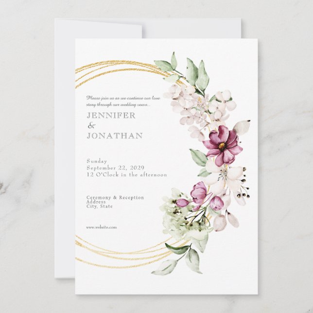 Watercolor Flower Floral Gold Wedding Invitation (Front)