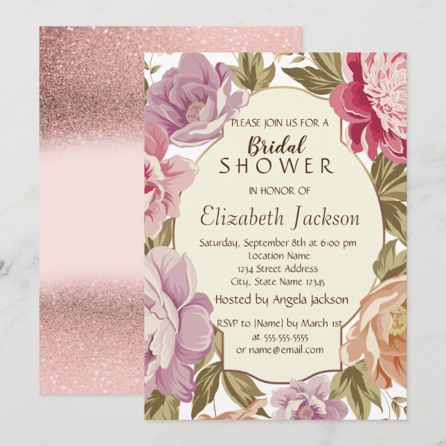 Watercolor Flower,Frame, Glitter  Bridal Shower Invitation (Front/Back)