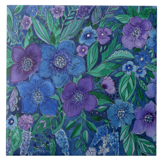 Watercolor, flower garden ceramic tile (Front)