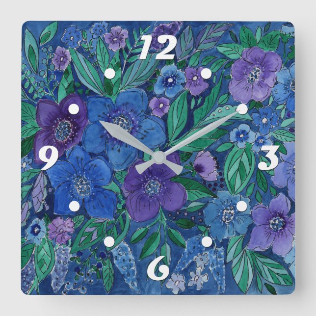 Watercolor, flower garden square wall clock (Front)