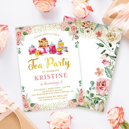 Watercolor Flower Garden Tea Party Girls Birthday Invitation