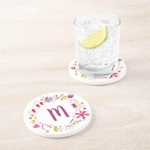 Watercolor Flower Garland Monogram Coaster