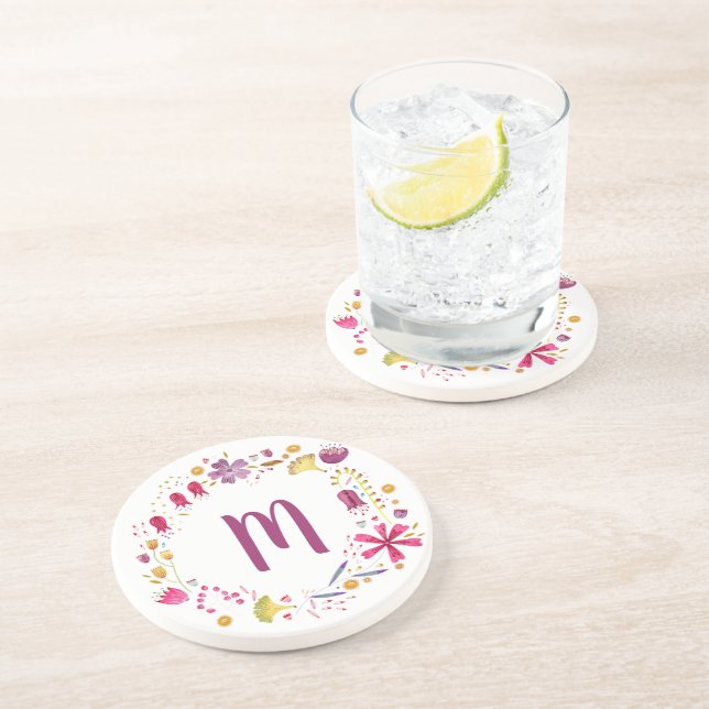 Watercolor Flower Garland Monogram Coaster (Side)