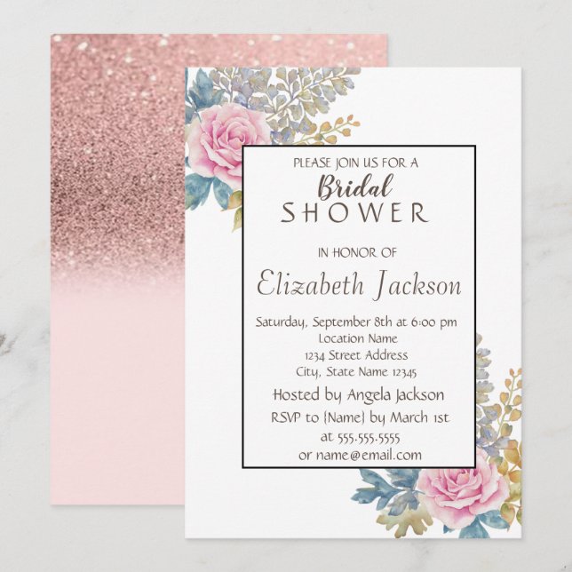 Watercolor Flower, Glitter  Bridal Shower Invitation (Front/Back)