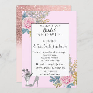 Watercolor Flower,Glitter High Heels Bridal Shower Invitation