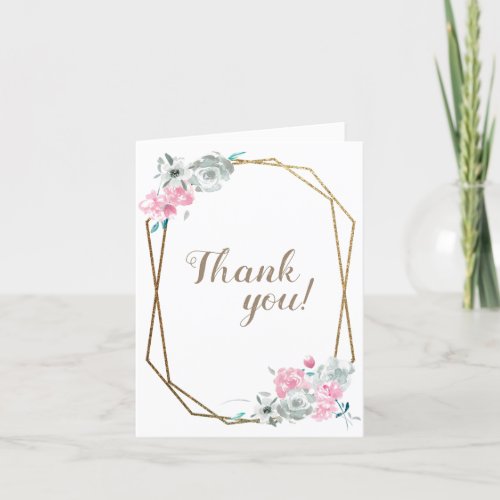 Watercolor Flower Gold Frame wedding photo Thank You Card