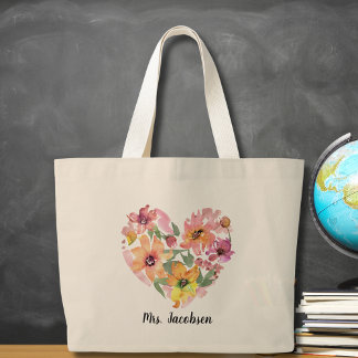 Watercolor Flower Heart Teacher Appreciation Large Tote Bag