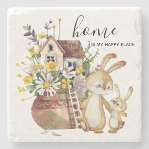 Watercolor Flower Home Rustic Vase Mother Rabbit Stone Coaster