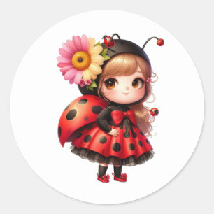 Watercolor Flower Ladybug Girl Classic Round Sticker