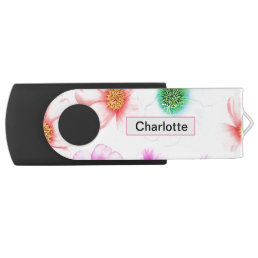 Watercolor flower + leaves Custom name and pattern Flash Drive