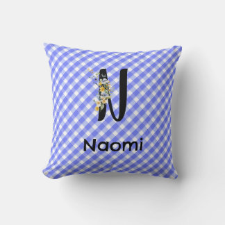 Watercolor flower Monogram gingham blue pattern Throw Pillow