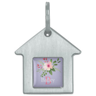 Watercolor Flower, Name & Initial on Lavender Pet ID Tag