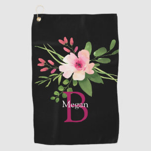 Watercolor Flower, Name & Monogram on Black Golf Towel