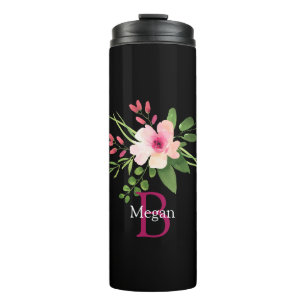 Watercolor Flower, Name & Monogram on Black Thermal Tumbler