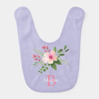 Watercolor Flower, Name & Monogram on Lavender Baby Bib