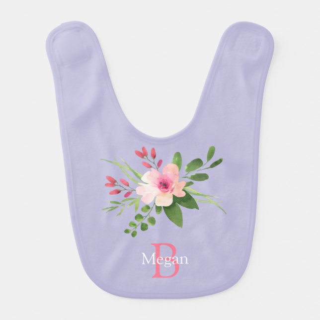 Watercolor Flower, Name & Monogram on Lavender Baby Bib (Front)