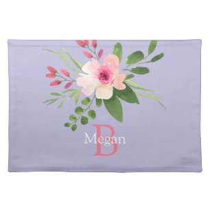 Watercolor Flower, Name & Monogram on Lavender Cloth Placemat
