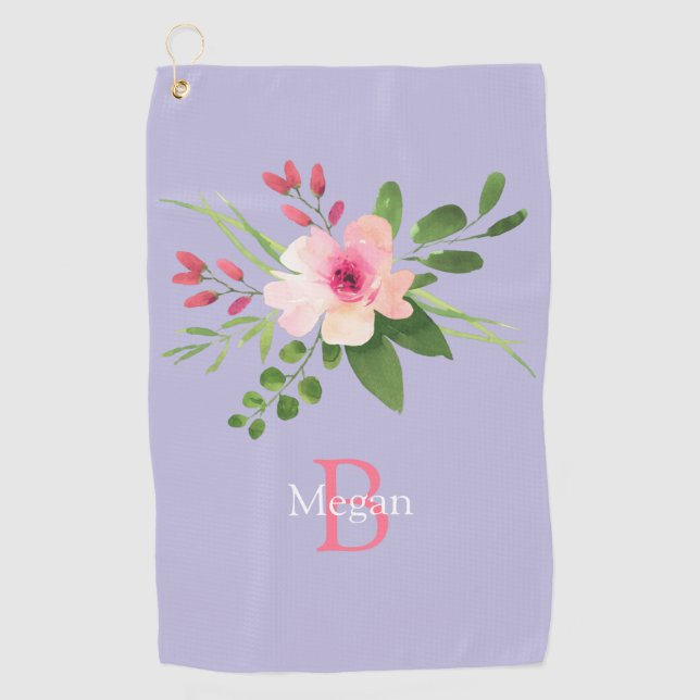Watercolor Flower, Name & Monogram on Lavender Golf Towel (Front)