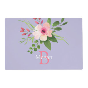 Watercolor Flower, Name & Monogram on Lavender Placemat