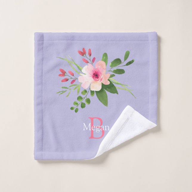 Watercolor Flower, Name & Monogram on Lavender Wash Cloth (Wash Cloth)