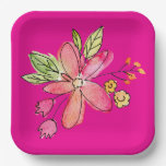 Watercolor Flower Neon Pink Paper Plates