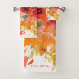 Watercolor Flower Painting Red Orange Floral Fall Bath Towel Set