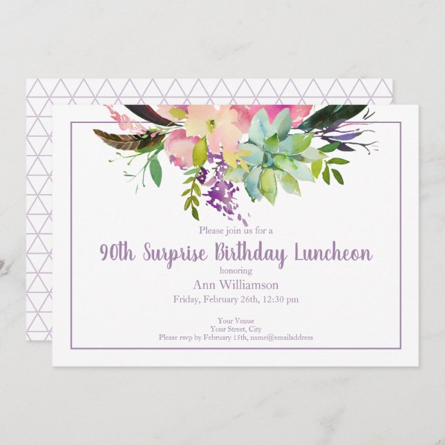 Watercolor Flower Pattern 90th Surprise Birthday Invitation (Front/Back)