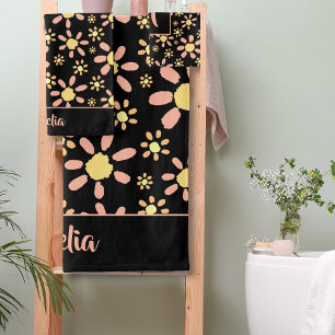 Watercolor Flower Pattern on Black Floral Name Bath Towel Set