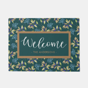 Watercolor Flower Pattern Teal Welcome Doormat