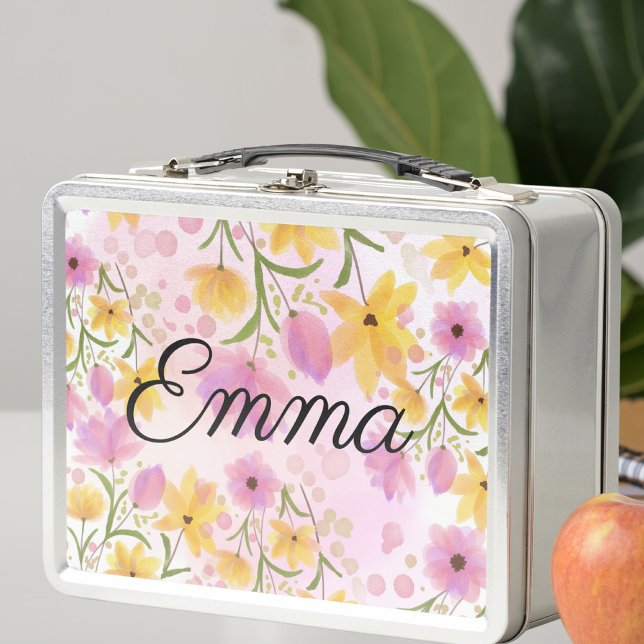 Watercolor Flower Personalized Metal Lunchbox (Creator Uploaded)