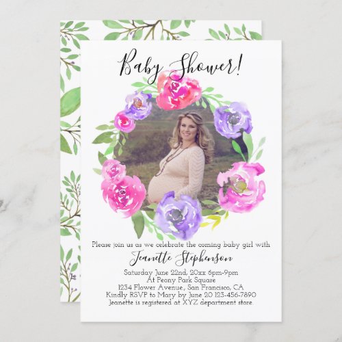 Watercolor Flower Photo Girl Baby Shower Invitation