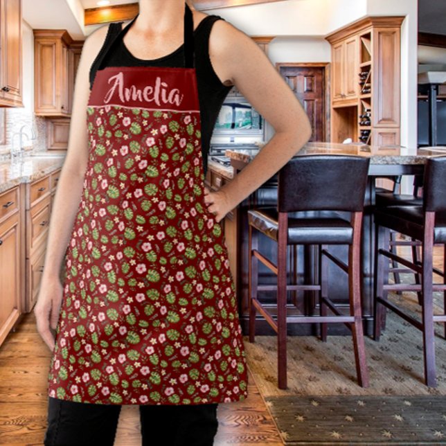 Watercolor flower pink burgundy pattern apron (Creator Uploaded)