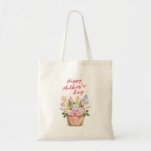 Watercolor Flower Ribbon Basket Happy mothers day Tote Bag