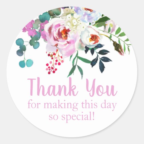 Watercolor Flower Thank You Birthday Favor Pink Classic Round Sticker