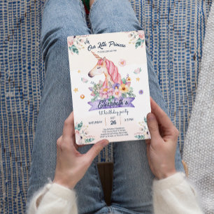 Watercolor Flower Unicorn Girl Birthday Invitation